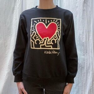 Keith Haring Black Sweatshirt with Heart Design Soft Crew Neck